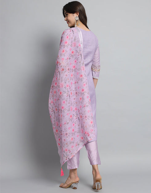 Designer Party Wear Readymade Salwar Suit Lavender Linen Cotton Pant Straight Close-up View